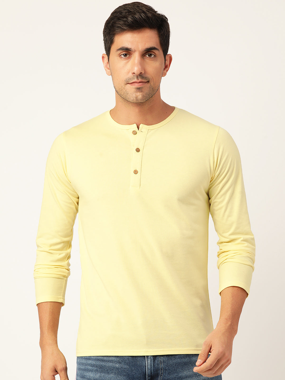 Plain Lemon Yellow Henley Full Sleeves T-shirt – feranoid
