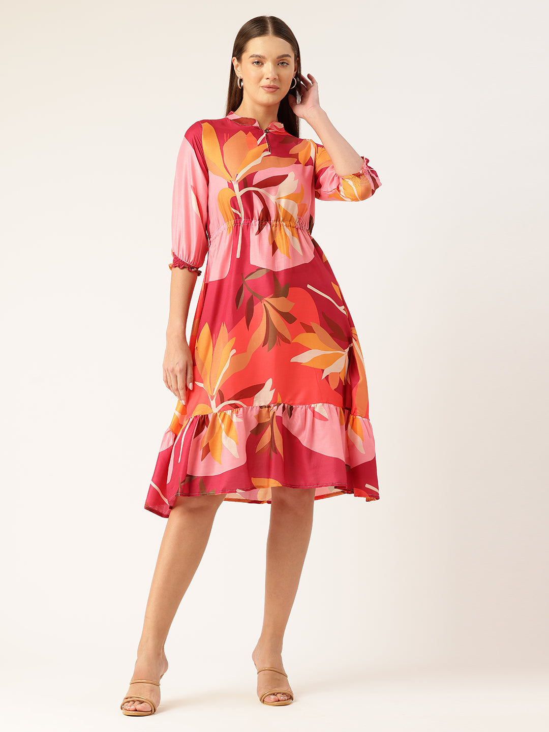 Women's Multi-Color Muslin Floral Dress with Mandarin Collar & 3/4 Smocked  Sleeves – Feranoid
