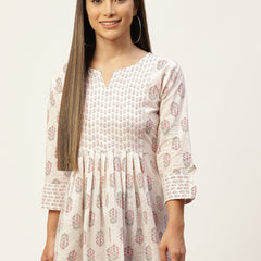 WOMEN WHITE & BABYPINK COTTON PRINTED A-LINE KURTI