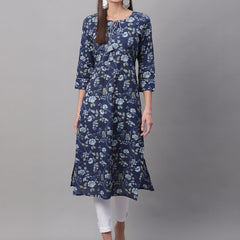 Women Blue Printed Straight Fit Kurti