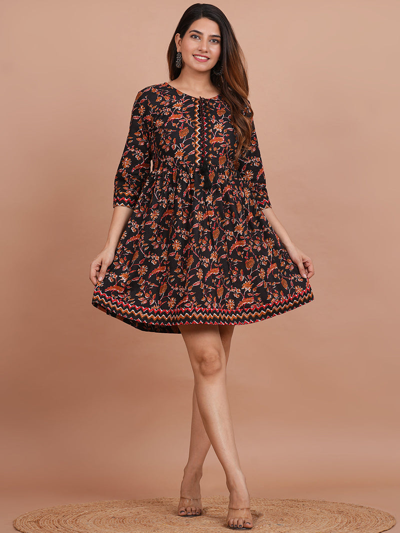 Cotton Printed Black Floral Dress