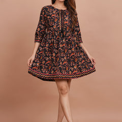 Cotton Printed Black Floral Dress