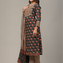 Cotton Printed Grey Kurta Set with Dupatta