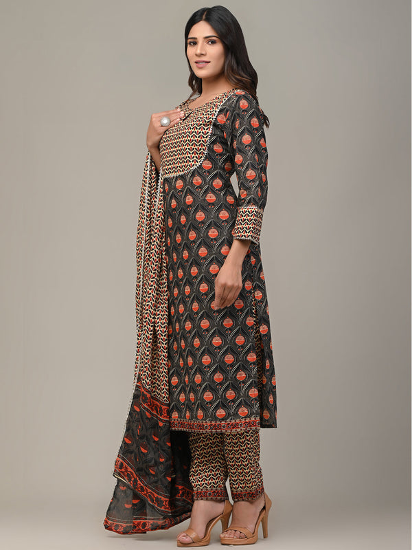 Cotton Printed Grey Kurta Set with Dupatta