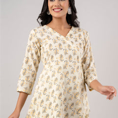 Cotton Printed Yellow Angrakha Short Tunic