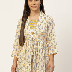 WOMEN YELLOW COLLARED PRINTED FLARED KURTI