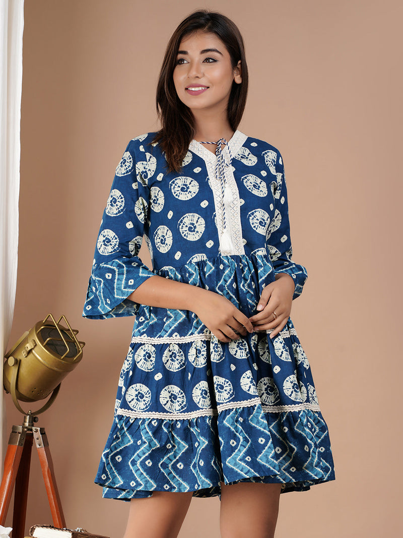 Cotton Printed Navy Blue Tie-Dye Dress Feranoid Cotton Printed Navy Blue Tie-Dye Dress Feranoid