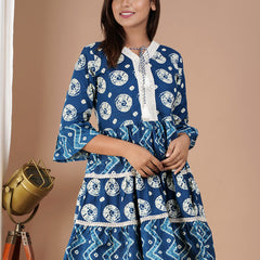 Cotton Printed Navy Blue Tie-Dye Dress