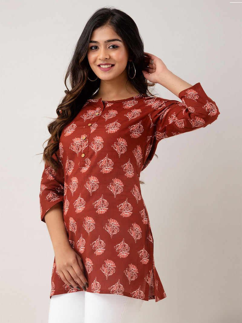 Women Red Cotton Printed Short Kurti
