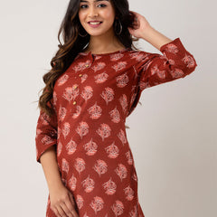 Women Red Cotton Printed Short Kurti