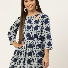 WOMEN FLARED DESIGNER BLUE SHORT KURTI