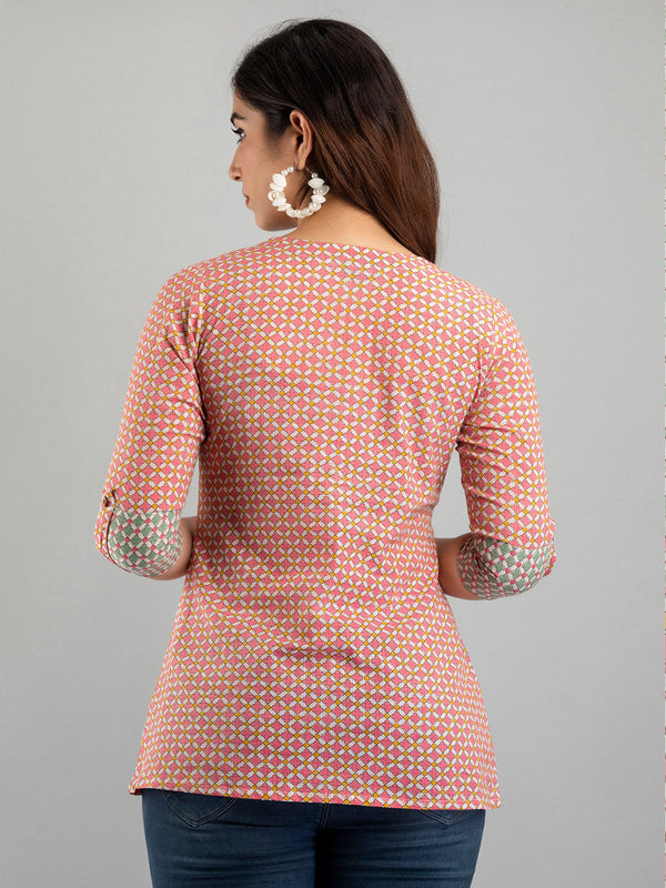 Women Pink Cotton Printed A-Line Kurti