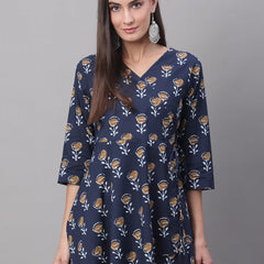 Women Blue Cotton Printed Short Kurti