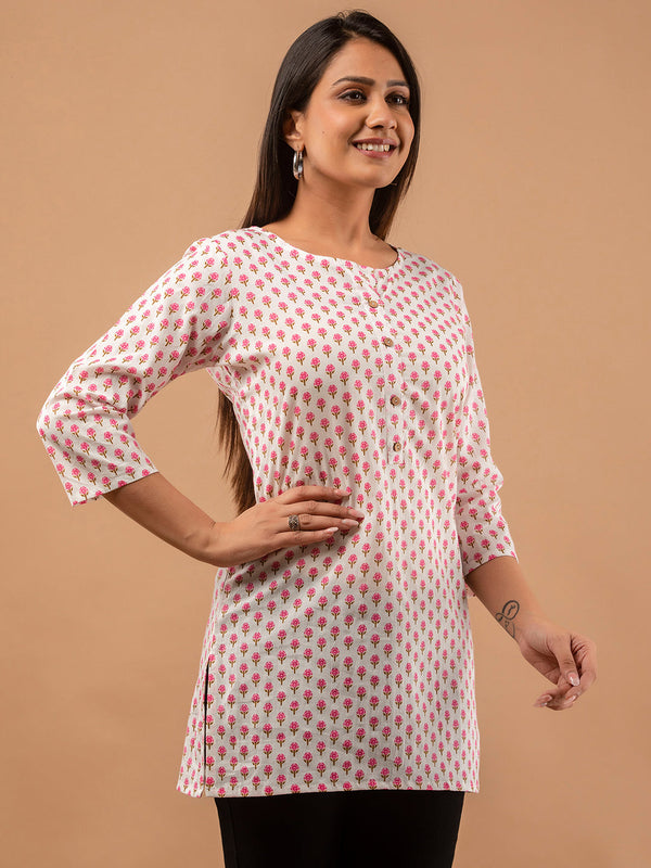 Women White Cotton Printed Short Kurti