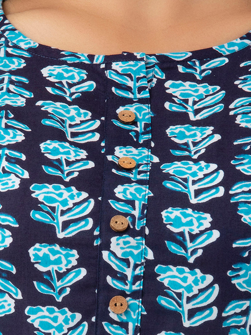 Women Blue Cotton Printed Short Kurti