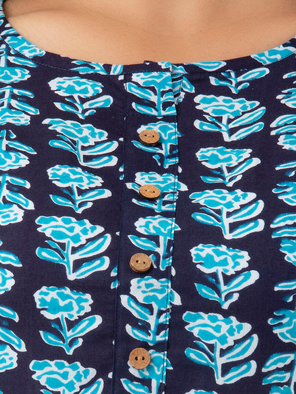 Women Blue Cotton Printed Short Kurti