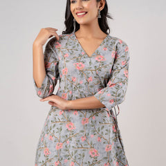 Cotton Printed Grey Angrakha Short Tunic