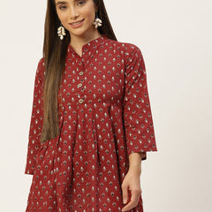 WOMEN RED PLEATED A-LINE DESIGNER SHORT KURTI