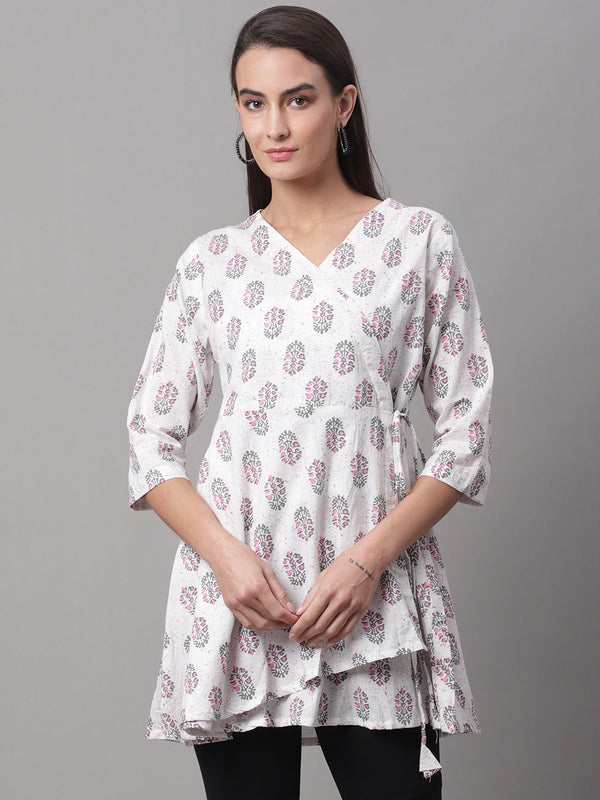 Women White Cotton Printed Short Kurti