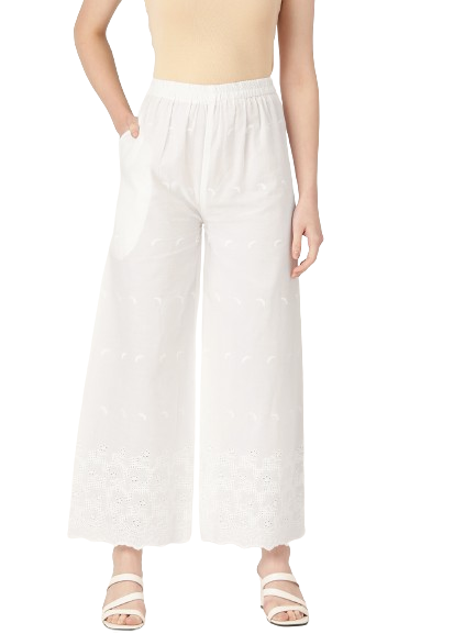 White White Embroidered Cotton Palazzos–Elastic Waist & Ankle-Length with Side Pocket