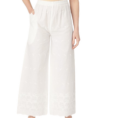 White White Embroidered Cotton Palazzos–Elastic Waist & Ankle-Length with Side Pocket