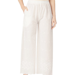 White White Embroidered Cotton Palazzos–Elastic Waist & Ankle-Length with Side Pocket