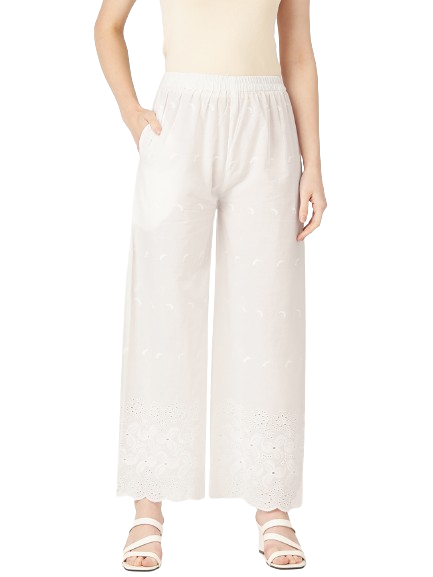 White White Embroidered Cotton Palazzos–Elastic Waist & Ankle-Length with Side Pocket