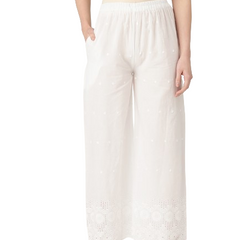 White White Embroidered Cotton Palazzos–Elastic Waist & Ankle-Length with Side Pocket