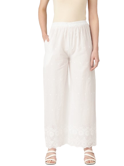 White White Embroidered Cotton Palazzos–Elastic Waist & Ankle-Length with Side Pocket