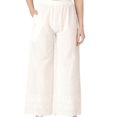 White White Embroidered Cotton Palazzos–Elastic Waist & Ankle-Length with Side Pocket