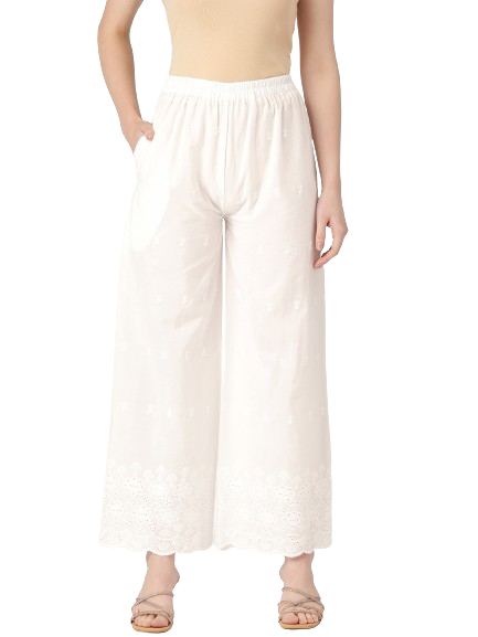 White White Embroidered Cotton Palazzos–Elastic Waist & Ankle-Length with Side Pocket