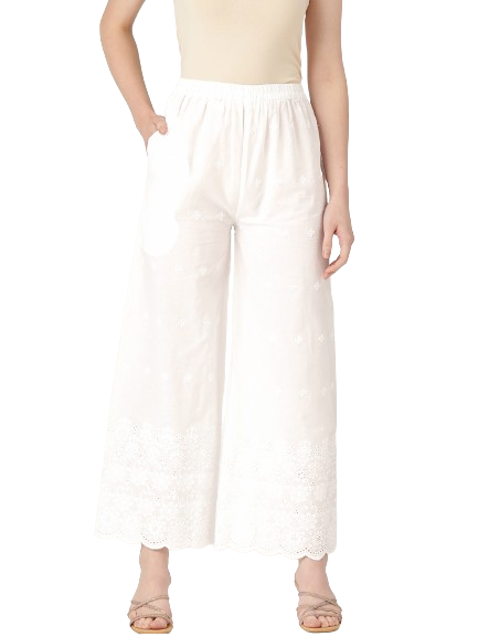 White White Embroidered Cotton Palazzos–Elastic Waist & Ankle-Length with Side Pocket