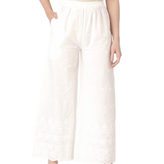 White White Embroidered Cotton Palazzos–Elastic Waist & Ankle-Length with Side Pocket