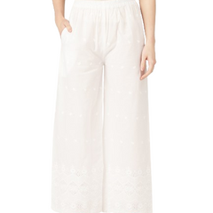 White White Embroidered Cotton Palazzos–Elastic Waist & Ankle-Length with Side Pocket