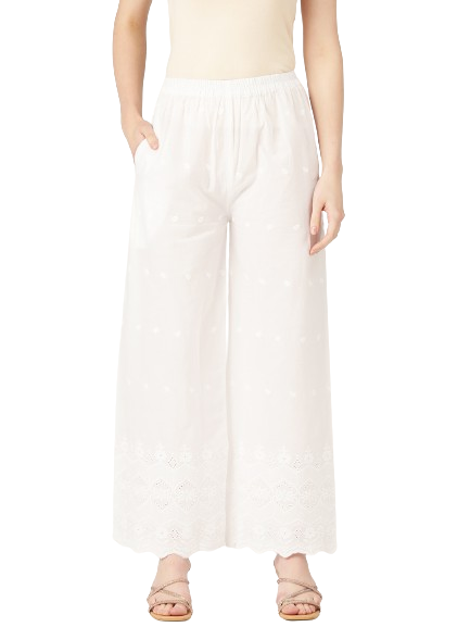 White White Embroidered Cotton Palazzos–Elastic Waist & Ankle-Length with Side Pocket