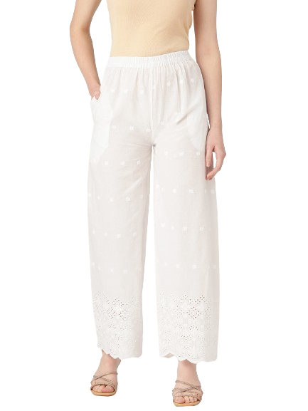 White White Embroidered Cotton Palazzos–Elastic Waist & Ankle-Length with Side Pocket