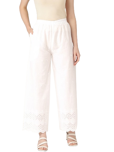 White White Embroidered Cotton Palazzos–Elastic Waist & Ankle-Length with Side Pocket