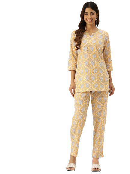 Yellow Printed Cotton Night Suit with V-Neck Kurti & Ankle-Length Pants