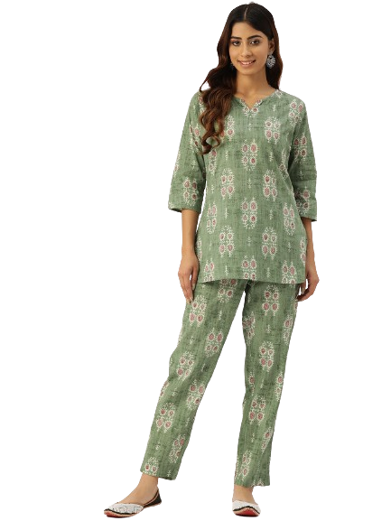 Green Printed Cotton Night Suit with V-Neck Kurti & Ankle-Length Pants