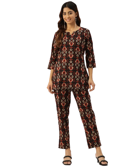 Black Printed Cotton Night Suit with V-Neck Kurti & Ankle-Length Pants