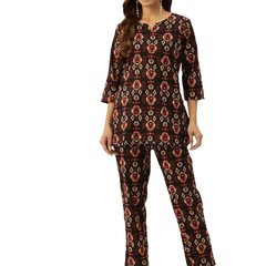 Black Printed Cotton Night Suit with V-Neck Kurti & Ankle-Length Pants