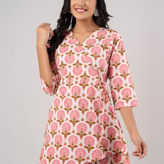 Cotton Printed Ethnic Motifs Pink Angrakha Short Tunic