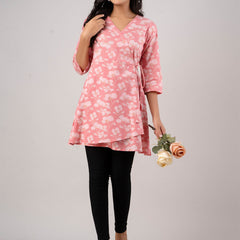 Cotton Printed Pink Angrakha Short Tunic
