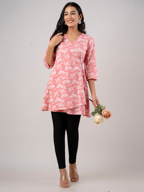 Cotton Printed Pink Angrakha Short Tunic
