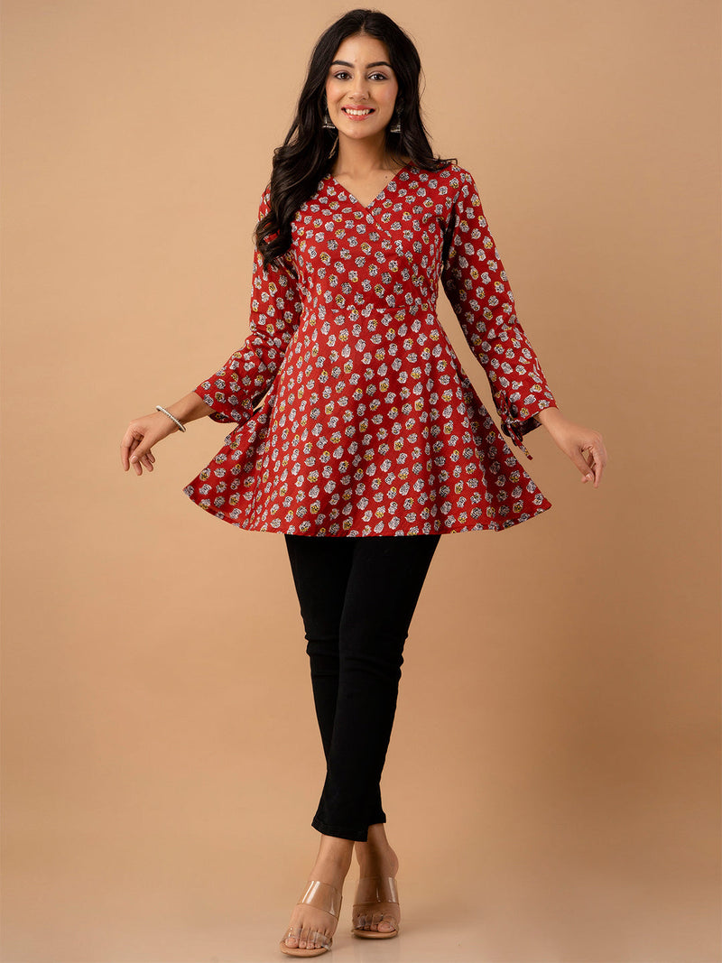 Ethnic Motifs Printed Gathers Cotton Tunic
