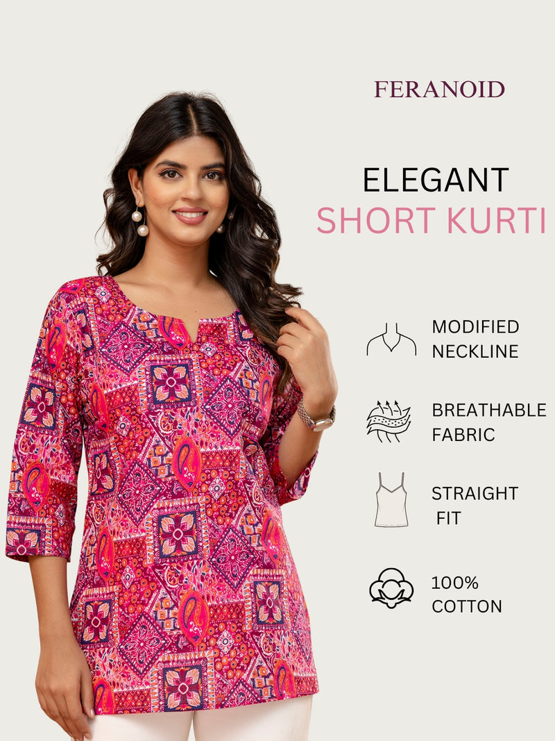 Elegant Printed Short Kurti – Soft Cotton, Everyday Style, Sizes S–XXL.