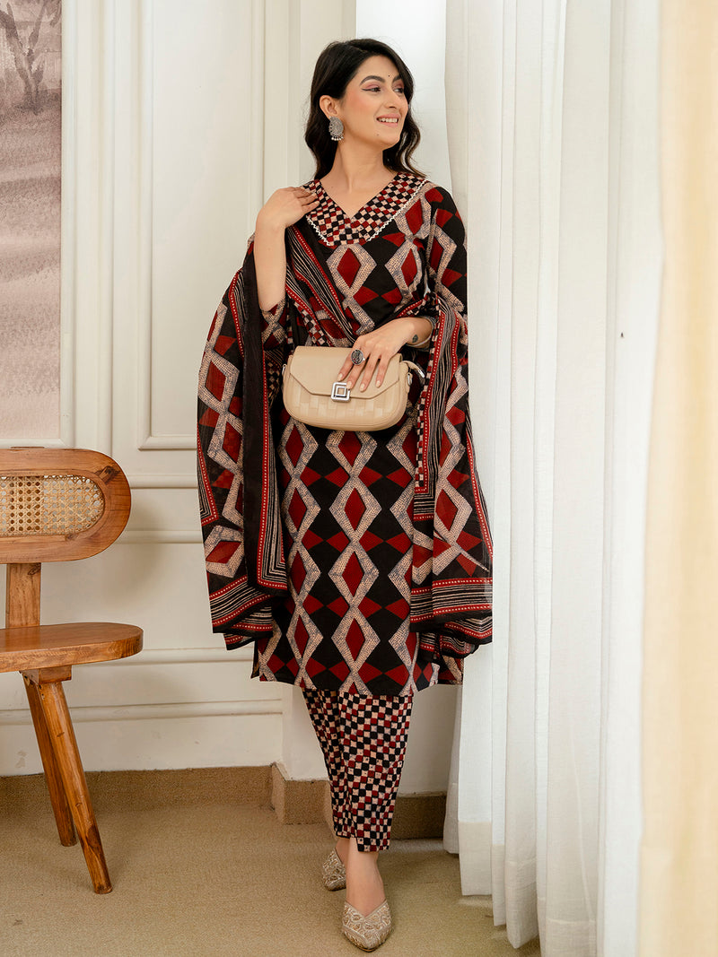 Bordered V-Neck 3-Piece Kurta Set with Ankle-Length Pants & Full-Length Dupatta (M–XXL)