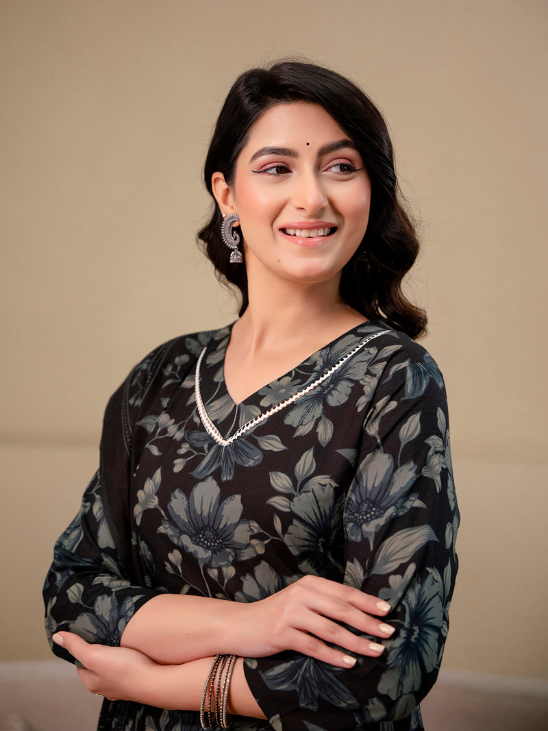 Printed Cotton Kurta Set with V-Neckline, Ankle-Length Pants and Graceful Dupatta