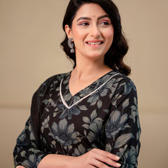 Printed Cotton Kurta Set with V-Neckline, Ankle-Length Pants and Graceful Dupatta
