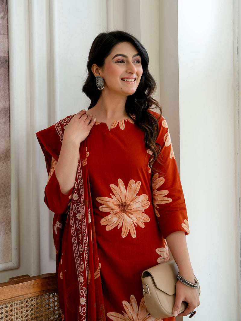 Printed Cotton Kurta Set with Ankle-Length Pants and Graceful Dupatta